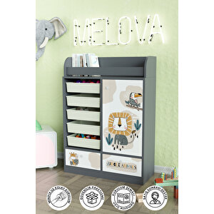 Jungle Animals Design "melova" 5 Sepetli 2 Çekmeceli Çok Amaçlı Oyuncak Dolabı Antrasit