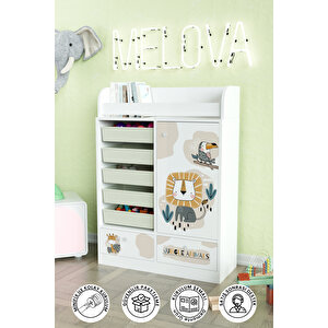 Jungle Animals Design "melova" 5 Sepetli 2 Çekmeceli Çok Amaçlı Oyuncak Dolabı Beyaz