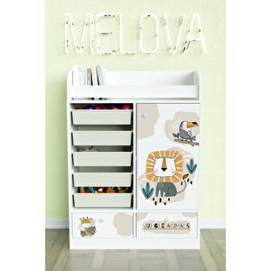 Jungle Animals Design "melova" 5 Sepetli 2 Çekmeceli Çok Amaçlı Oyuncak Dolabı Beyaz
