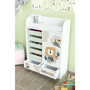 Jungle Animals Design "melova" 5 Sepetli 2 Çekmeceli Çok Amaçlı Oyuncak Dolabı