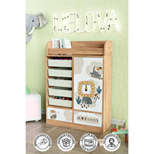 Jungle Animals Design "melova" 5 Sepetli 2 Çekmeceli Çok Amaçlı Oyuncak Dolabı Ahşap