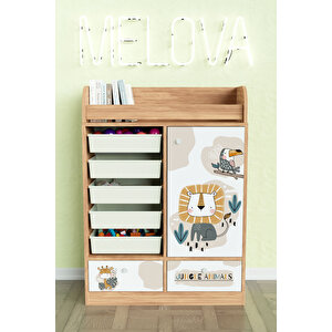 Jungle Animals Design "melova" 5 Sepetli 2 Çekmeceli Çok Amaçlı Oyuncak Dolabı Ahşap