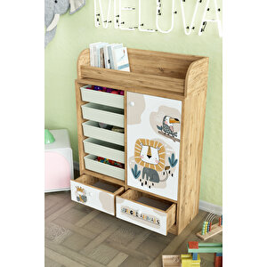 Jungle Animals Design "melova" 5 Sepetli 2 Çekmeceli Çok Amaçlı Oyuncak Dolabı