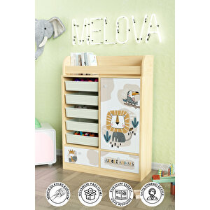 Jungle Animals Design "melova" 5 Sepetli 2 Çekmeceli Çok Amaçlı Oyuncak Dolabı