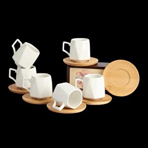 Dayanıklı Bambu Tabaklı Köşeli Porselen Fincan Takımı 6 Kişilik -23408