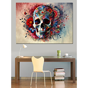 Renkli Kafatası Sanatı Dekoratif Kanvas - Mdf Ahşap Tablo 50x70 cm