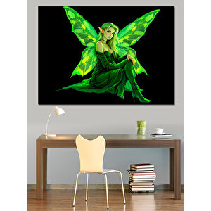 Yeşil Kanatlı Peri İllüstrasyonu Dekoratif Kanvas - Mdf Ahşap Tablo 25x35 cm