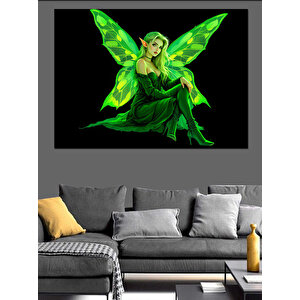 Yeşil Kanatlı Peri İllüstrasyonu Dekoratif Kanvas - Mdf Ahşap Tablo 25x35 cm