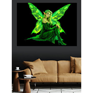 Yeşil Kanatlı Peri İllüstrasyonu Dekoratif Kanvas - Mdf Ahşap Tablo