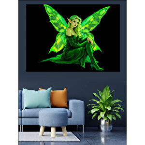 Yeşil Kanatlı Peri İllüstrasyonu Dekoratif Kanvas - Mdf Ahşap Tablo