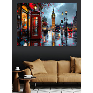 Londrada Gece Kırmızı Telefon Dekoratif Kanvas - Mdf Ahşap Tablo