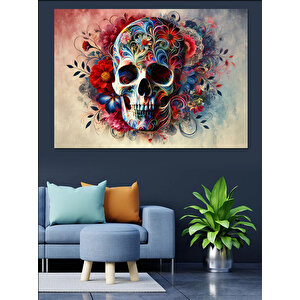 Renkli Kafatası Sanatı Dekoratif Kanvas - Mdf Ahşap Tablo 25x35 cm