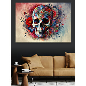 Renkli Kafatası Sanatı Dekoratif Kanvas - Mdf Ahşap Tablo