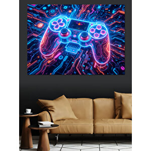 Neon Işıklı Oyun Kumandası Dekoratif Kanvas - Mdf Ahşap Tablo 35x50 cm