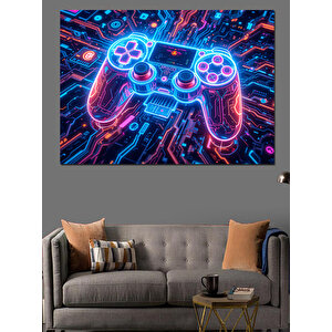 Neon Işıklı Oyun Kumandası Dekoratif Kanvas - Mdf Ahşap Tablo 35x50 cm