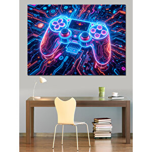 Neon Işıklı Oyun Kumandası Dekoratif Kanvas - Mdf Ahşap Tablo