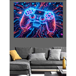 Neon Işıklı Oyun Kumandası Dekoratif Kanvas - Mdf Ahşap Tablo