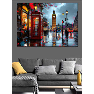 Londrada Gece Kırmızı Telefon Dekoratif Kanvas - Mdf Ahşap Tablo