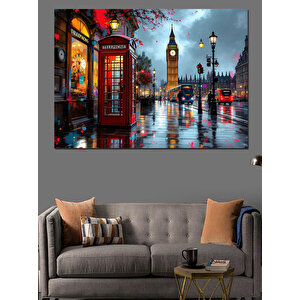 Londrada Gece Kırmızı Telefon Dekoratif Kanvas - Mdf Ahşap Tablo 100x140 cm
