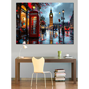 Londrada Gece Kırmızı Telefon Dekoratif Kanvas - Mdf Ahşap Tablo 100x140 cm