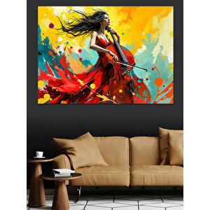 Kırmızı Elbiseli Kadın Ve Viyola Dekoratif Kanvas - Mdf Ahşap Tablo 70x100 cm