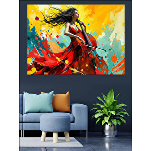 Kırmızı Elbiseli Kadın Ve Viyola Dekoratif Kanvas - Mdf Ahşap Tablo 70x100 cm