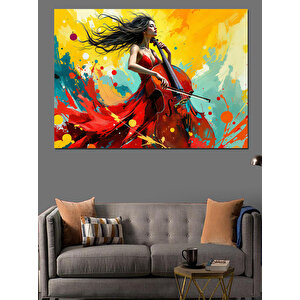 Kırmızı Elbiseli Kadın Ve Viyola Dekoratif Kanvas - Mdf Ahşap Tablo 70x100 cm