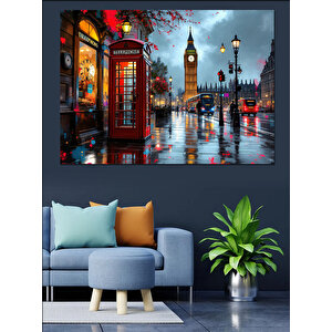 Londrada Gece Kırmızı Telefon Dekoratif Kanvas - Mdf Ahşap Tablo 50x70 cm