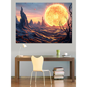 Kırmızı Dolunay Manzarası Dekoratif Kanvas - Mdf Ahşap Tablo 50x70 cm