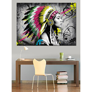 Renkli Tüylü Kızılderili Kadın Dekoratif Kanvas - Mdf Ahşap Tablo 50x70 cm
