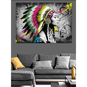 Renkli Tüylü Kızılderili Kadın Dekoratif Kanvas - Mdf Ahşap Tablo 50x70 cm