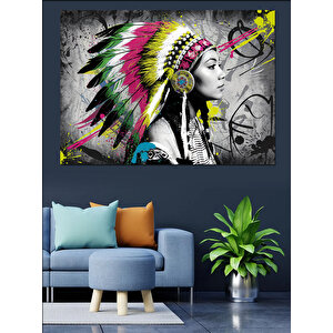 Renkli Tüylü Kızılderili Kadın Dekoratif Kanvas - Mdf Ahşap Tablo