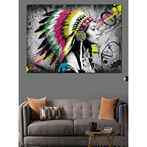 Renkli Tüylü Kızılderili Kadın Dekoratif Kanvas - Mdf Ahşap Tablo