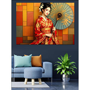 Geleneksel Kimonolu Japon Kadın Dekoratif Kanvas - Mdf Ahşap Tablo