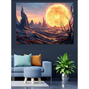 Kırmızı Dolunay Manzarası Dekoratif Kanvas - Mdf Ahşap Tablo 35x50 cm