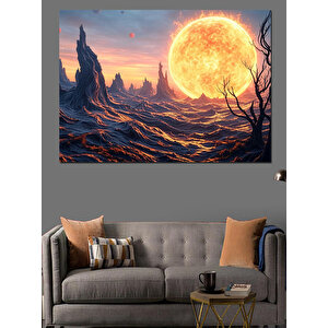 Kırmızı Dolunay Manzarası Dekoratif Kanvas - Mdf Ahşap Tablo 35x50 cm