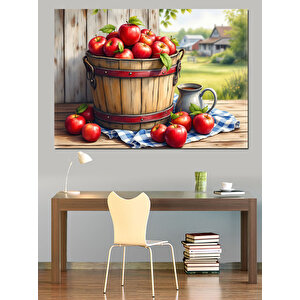 Sepette Taze Kırmızı Elmalar Dekoratif Kanvas - Mdf Ahşap Tablo 25x35 cm