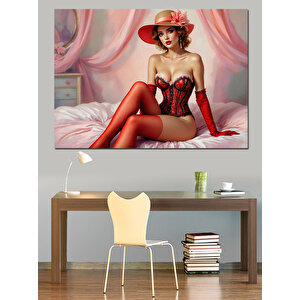 Kırmızı Elbiseli Vintage Kadın Dekoratif Kanvas - Mdf Ahşap Tablo 25x35 cm