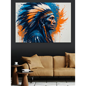 Kızılderili Başlıklı Portre Adam Dekoratif Kanvas - Mdf Ahşap Tablo 100x140 cm