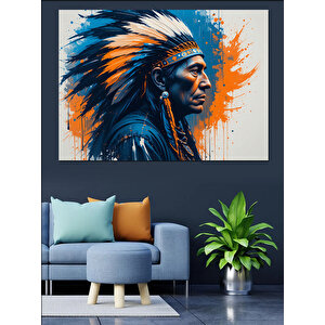 Kızılderili Başlıklı Portre Adam Dekoratif Kanvas - Mdf Ahşap Tablo 100x140 cm