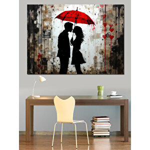 Kırmızı Şemsiyeli Aşıklar Dekoratif Kanvas - Mdf Ahşap Tablo 100x140 cm
