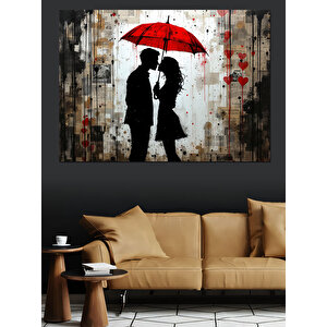 Kırmızı Şemsiyeli Aşıklar Dekoratif Kanvas - Mdf Ahşap Tablo 100x140 cm