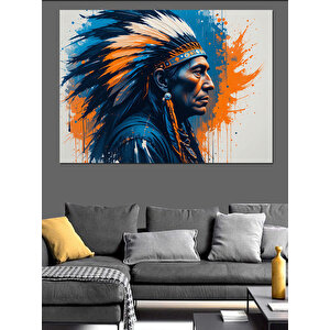 Kızılderili Başlıklı Portre Adam Dekoratif Kanvas - Mdf Ahşap Tablo