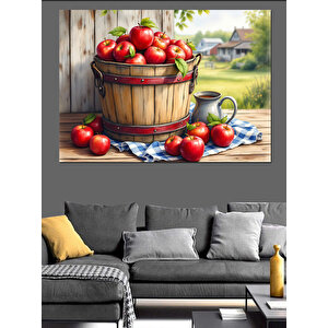 Sepette Taze Kırmızı Elmalar Dekoratif Kanvas - Mdf Ahşap Tablo 35x50 cm