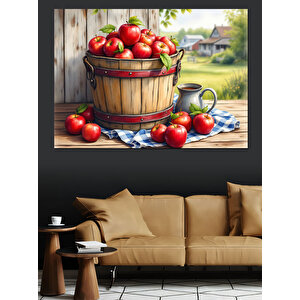 Sepette Taze Kırmızı Elmalar Dekoratif Kanvas - Mdf Ahşap Tablo 35x50 cm