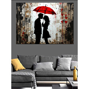 Kırmızı Şemsiyeli Aşıklar Dekoratif Kanvas - Mdf Ahşap Tablo 25x35 cm