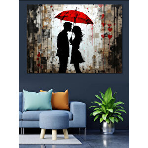 Kırmızı Şemsiyeli Aşıklar Dekoratif Kanvas - Mdf Ahşap Tablo