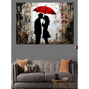 Kırmızı Şemsiyeli Aşıklar Dekoratif Kanvas - Mdf Ahşap Tablo