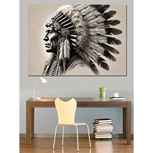 Kızılderili Başlıklı Adam Portresi Dekoratif Kanvas - Mdf Ahşap Tablo 50x70 cm