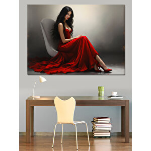 Kırmızı Elbiseli Kadın Dekoratif Kanvas - Mdf Ahşap Tablo 100x140 cm